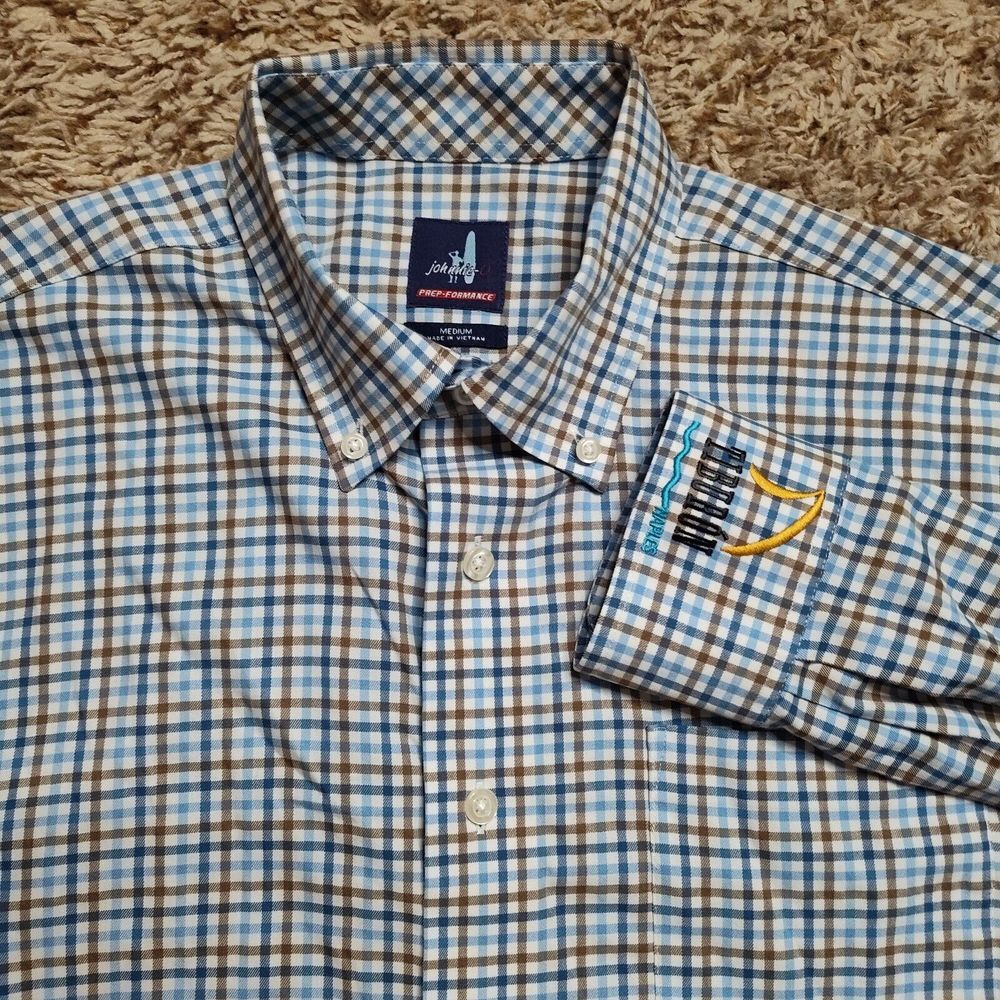 Johnnie-O Tiburon Naples Blue Brown Plaid Men Sz M Prep-Formance Oxford‎ LS